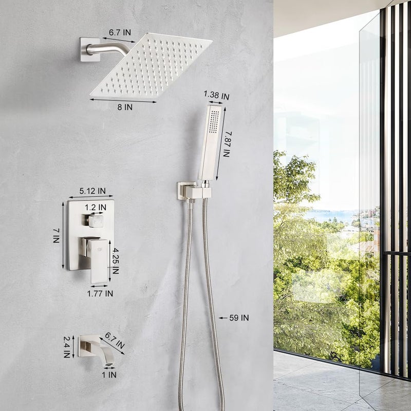 POP SANITARYWARE Shower Tub Faucet Set Brushed Nickel Bathroom 8 Inch Shower Head System with Tub Spout Wall Mounted Singe Handle Tub and Shower Trim Kit with Valve - Image 5